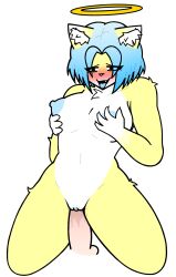 1boy 1boy1girl 1girls angel angel_halo anthro blue_hair cowgirl_position female furry furry_only grabbing_own_breast groping_own_breast halo oc original_character yellow_fur yourchris yuri(yourchris)