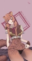 1girls animal_ears armor black_panties blush brown_fur brown_hair chest female fur looking_at_viewer panties presenting raccoon racoon_ears racoon_girl racoon_tail sitting solo