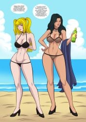 2girls anoneysnufftan arabatos beach bikini black_bikini black_hair blonde_hair choker comic_page crossover death_note defeated dialogue eastern_and_western_character embarrassed female_only high_heels imminent_death killer_lotion lingerie long_hair lotion lotion_bottle misa_amane necklace ocean penalty_game peril sand seaside sky summer sunscreen swimsuit the_witcher_(series) towel twintails undressing water yennefer