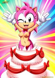 amy_rose arms_up bbmbbf birthday_cake black_eyes bowtie breasts cake classic_amy_rose cute eyelashes female furry gloves hairband hedgehog mobius_unleashed navel nipples palcomix panties pattern_background pink_fur pinup sega smile sonic_(series) sonic_the_hedgehog_(series) surprise topless wink