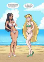 2girls anoneysnufftan arabatos beach bikini blonde_hair blue_eyes blush_stickers caught_cheating comic_page crossover defeated dialogue disney disney_channel disney_xd eastern_and_western_character embarrassed english_text female_only green_high_heel_boots hayase_nagatoro headband heart_stickers high_heels horned_headwear imminent_death killer_lotion long_hair ocean orange_eyes penalty_game peril please_don't_bully_me,_nagatoro sand seaside sky star_butterfly star_vs_the_forces_of_evil summer swimsuit undressing water white_high_heels_boots