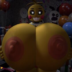 3d 3d_(artwork) big_breasts bottomwear breasts_bigger_than_head female female_only five_nights_at_freddy's holding_breast holding_own_breast hyper hyper_breasts oakensfm robot robot_girl topless toy_chica_(fnaf) woodworksfm