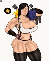 biceps big_breasts brown_hair busty carrying_partner cloud_strife final_fantasy final_fantasy_vii gnashershells low_poly_cloud lowpoly massive_breasts muscle_girl muscle_mommy muscles polygon ps1_artstyle tank_top thick_thighs thighhighs thighs tifa_lockhart