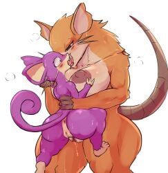 anthro anus areola ass big_breasts blush bodily_fluids breasts censored cottontail duo female french_kissing fur generation_1_pokemon genital_fluids genitals hi_res kissing mammal nintendo nipples nude pokemon pokemon_(species) pussy raticate rattata rodent simple_background teeth tongue white_background