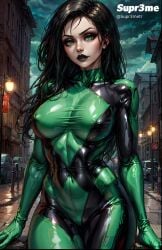 ai_generated big_breasts black_lips black_lipstick bodysuit breasts dark_hair disney disney_channel female female_only fit fit_female green_eyes kim_possible looking_at_viewer mature_female shego small_waist supr3metr