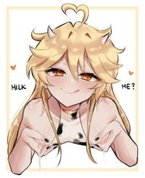 1boy aether_(genshin_impact) amber_eyes blonde_hair btms666 cow_horns cow_print english_text femboy genshin_impact lactation long_hair male male_lactation male_only nipples solo solo_male