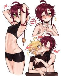 2boys aether_(genshin_impact) amber_eyes armpits blonde_hair blush btms666 crop_top english_text femboy genshin_impact green_eyes kissing male male_only males_only red_hair shikanoin_heizou