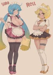 2girls absurdres alternate_costume apron aqua_hair arms_under_breasts blonde_hair blue_eyes blue_hair blush breasts cafin character_name cleavage crossed_arms dark-skinned_female dark_skin gradient_hair heels high_heels highres large_breasts league_of_legends long_hair looking_at_viewer maid maid_apron maid_headdress medium_breasts medium_hair multicolored_hair multiple_girls rell_(league_of_legends) smile sona_buvelle thighhighs twintails very_long_hair white_apron yellow_eyes