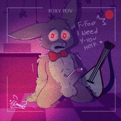 alexboom11 anthro balls bodily_fluids bonnie_(fnaf) embarrassed erection first_person_view five_nights_at_freddy's genital_fluids genitals guitar hi_res lagomorph leporid male male_only mammal musical_instrument plucked_string_instrument precum rabbit scottgames solo string_instrument text