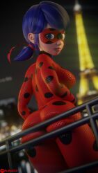 1girls 3d 3d_(artwork) artist_name ass backboob big_breasts blue_eyes blue_hair bodysuit closed_mouth clothing eiffel_tower eye_mask female female_only france hair ladybug_(character) looking_at_viewer looking_back marinette_dupain-cheng miraculous:_tales_of_ladybug_and_cat_noir miraculous_ladybug night open_eyes outdoors paris png rear_view ruru3dx signature solo standing thick_ass tight_clothing