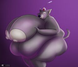 absurd_res anthro ass belly belly_overhang big_breasts breasts canid canine canis clothing disney female gradient_background hat headgear headwear hi_res holding_breast huge_breasts looking_at_viewer mammal mature_female obese obese_anthro obese_female overweight overweight_anthro overweight_female robin_hood_(disney) rogero_(artist) rule_63 sheriff_of_nottingham simple_background solo tail thick_thighs watermark what wolf