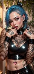 ai_generated blue_hair fishnets latex latex_clothing latex_skirt latex_topwear melby pose posing pubic_tattoo qos queen_of_spades tattoo tattoos