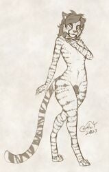 2023 anthro blokfort cheetah felid feline fur genitals girly hair hi_res hybrid long_tail male mammal monochrome nude pantherine penis purple_eyes simple_background standing tail tiger wide_hips