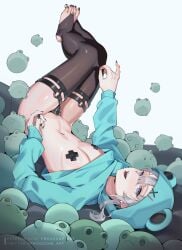 aqua_hair blue_eyes blue_hair chastity_cage covered_nipples cropped_hoodie femboy frogzone frogzone_art male male_focus male_only male_with_painted_nails painted_nails patreon_username piercing plushie solo_male thighhighs twitter_username