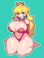 1girls adnyc alternate_breast_size big_breasts blonde_hair blue_background blue_eyes breasts cleavage clothing crown earrings eyebrows female female_only full_body huge_breasts human large_breasts leotard light-skinned_female light_skin lipstick long_hair looking_at_viewer mario_(series) navel nintendo princess_peach revealing_clothes simple_background sitting solo thick_thighs thighs wariza wide_hips