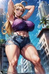 1girls 2023 ahoge ai_generated armpits arms_up big_breasts blonde_hair blue_eyes blush blush_lines blushing_at_viewer breasts building buildings city city_background cityscape cloud clouds covered_nipples curvaceous curvy day daytime denim denim_clothing denim_shorts female female_focus female_only from_below hands_behind_head high_resolution highleg highres hips history's_strongest_disciple_kenichi lips long_hair looking_at_viewer miu_furinji navel nipple_bulge outdoors outside palm_tree self_upload shadyfox sky smile solo solo_female solo_focus stable_diffusion standing street sunlight teeth teeth_showing teeth_visible thick_thighs thighs toned toned_stomach tree trees upper_teeth