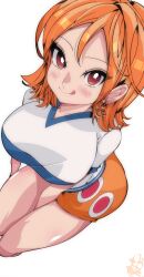 1girls 2023 artist_signature big_breasts blush clothed ear_piercing earrings fanart female female_only hips large_breasts looking_at_viewer messy_hair nami nami_(one_piece) omochi_db one_piece orange_eyes orange_hair pirate pre-timeskip shirt short_hair shorts smile smiling_at_viewer solo_female thighs tongue tongue_out voluptuous voluptuous_female