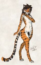 2023 anthro blokfort brown_hair cheetah felid feline fur genitals girly hair hi_res hybrid long_tail male mammal nude orange_body orange_fur pantherine penis purple_eyes simple_background standing tail tiger wide_hips