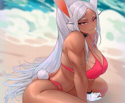 1girls ass beach big_breasts bunny_tail calad_g choker cleavage dark-skinned_female dark_skin eyebrows female female_only large_breasts looking_at_viewer miruko my_hero_academia rabbit_ears rabbit_tail red_eyes rumi_usagiyama solo solo_female solo_focus tail thick_thighs thighs white_hair wide_hips