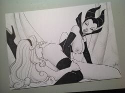 2girls 69_position arm_gloves aurora_(sleeping_beauty) black_and_white boots breasts cunnilingus disney disney_princess disney_villains female female_only gloves high_heel_boots high_heels horns long_hair maleficent nipples oral oral_sex princess pussy royalty sarah_con_hache sleeping_beauty_(1959_film) thigh_boots thighhighs traditional_media_(artwork) villain villainess witch yuri