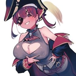 1girls big_breasts color colored dismassd eyepatch female female_only full_color fully_clothed grin hand_on_breast hi_res high_resolution highres holding_breast hololive hololive_fantasy hololive_japan houshou_marine necklace pirate red_eyes red_hair smile smiling smiling_at_viewer tights twintails virtual_youtuber vtuber white_background