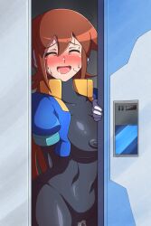 aile black_bodysuit blush bodysuit breasts brown_hair covered_erect_nipples cropped_jacket cum cum_drip cum_in_pussy female jacket large_breasts long_hair mega_man mega_man_zx_advent nervous noburockman open_clothes open_jacket opening_door pov_doorway pubic_hair_on_face skin_tight sweat tagme wide_hips