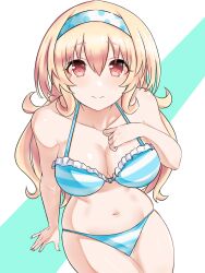 bikini blush breasts cleavage compa front_view hand_on_breast headband light-skinned_female long_hair looking_at_viewer neptunia_(series) orange_eyes shiny_skin simple_background smile solo zatsu