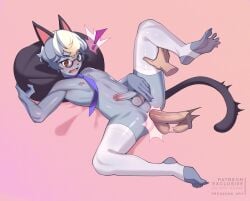 2023 anal anal_sex animal_crossing anthro balls cat_ears cat_tail domestic_cat felid feline femboy frogzone frogzone_art fur glasses hi_res male male_only mammal nintendo nude raymond_(animal_crossing) sex thighhighs tie