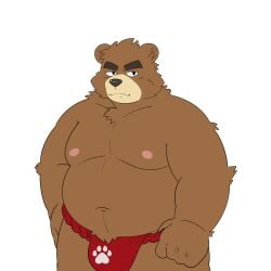 1:1 2023 anthro asian_clothing bear belly big_belly black_nose brown_body clothing east_asian_clothing fundoshi hi_res humanoid_hands japanese_clothing kemono male mammal moobs navel nipples overweight overweight_male paw_print_underwear red_clothing red_fundoshi red_underwear sangguri_32 simple_background solo underwear white_background