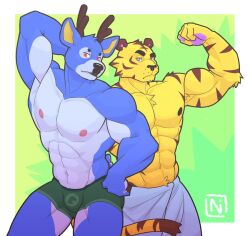 animal_crossing antlers bam_(animal_crossing) deer furry male_only muscular_male no_visible_genitalia pawpads tiger tybalt_(animal_crossing)