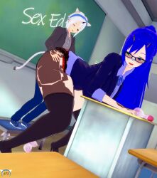 1boy 1girls 3d aroused ass avaron_(steele734) bandaid_on_nose big_breasts blue_hair breasts_bigger_than_head brother_and_sister chalkboard classroom desk doggy_style femdom filled_condom glasses heterochromia horn horns incest koikatsu larger_female lube mostly_clothed mouth_open ponytail scar_across_eye sex size_difference smaller_male steele734_(artist) student tagme tattoo teacher_and_student text wes_(steele734)