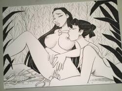 2girls big_breasts breasts corn disney disney_princess greyscale insertion large_breasts monochrome nakoma nipple_licking nipples object_in_pussy outdoors pocahontas pocahontas_(character) pussy sarah_con_hache traditional_media_(artwork) yuri