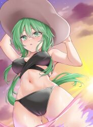 1girls bikini caam_serenity_of_gusto duel_monster female girl green_hair hat long_hair no_bea_31 ocean solo sunset woman yu-gi-oh!