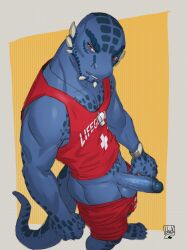 anthro balls blue_body blue_scales clothed clothing erection fist genitals hi_res horn humanoid_genitalia humanoid_penis lifeguard lion21 male penis reptile scales scalie shirt solo swimming_trunks swimming_trunks_down swimwear tank_top topwear whistle_(object)