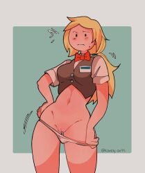 1girls adventure_time artist_name belly_button blonde blonde_hair blonde_hair_female brown_vest cartoon_network clothing exposed_pussy female female_only fionna_and_cake fionna_campbell fionna_the_human_girl from_front_position hair_band hand_on_hip hand_on_panties human human_female karely_arts light-skinned_female light_blush light_skin long_hair long_hair_female looking_at_viewer motion_lines name_badge name_tag navel neckwear outerwear pale_skin panties panties_down panty_pull partially_clothed pussy red_ribbon ribbon shirt shirt_under_vest short_sleeved_shirt simple_background simple_eyes sleeveless_vest solo solo_female standing stomach thighs three-quarter_portrait uncensored uncensored_pussy vest waist white_shirt