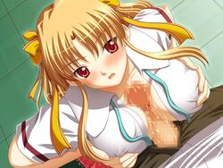 blonde_hair blush breasts censored female haganemaru large_breasts long_hair majidashi!_royale male nail_polish open_clothes open_shirt paizuri penis red_eyes shirt straight yurikusa_yuzu