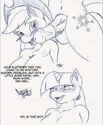 2013 anthro anthrofied applejack_(mlp) balls blush breasts cowboy_hat cutie_mark dialog dickgirl duo english_text equine female friendship_is_magic furry futatwi hair hat horn horse horsecock intersex my_little_pony navel penis pony smooth_skin suirano sweat text twijack twilight_sparkle_(mlp) unicorn vein