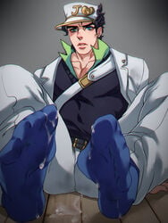 1boy after_sex bara blue_socks blush cum cum_on_body diamond_is_unbreakable dilf feet foot_fetish footjob jojo's_bizarre_adventure jotaro_kujo less_end looking_confused looking_down male male_only muscle muscles sock solo yaoi