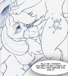 2013 anthro anthrofied applejack_(mlp) balls blush breasts cowboy_hat cutie_mark dialog dickgirl duo english_text equine female freckles friendship_is_magic furry futatwi hair hat horn horse horsecock intersex my_little_pony navel oral oral_sex penis pony sex smooth_skin suirano sweat text twijack twilight_sparkle_(mlp) unicorn vein