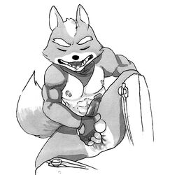 1boy abs anal anal_fingering anthro anus balls bandana black_and_white boots canine closed_eyes erection fingering fox fox_mccloud front_view glitter_trap_boy humanoid_penis male male_only mammal marker_(artwork) masturbation monochrome muscles nintendo nipples nude open_mouth pecs penis sharp_teeth solo spread_legs spreading star_fox teeth toned traditional_media_(artwork) video_games