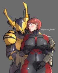 1boy 1girls 2d_(artwork) alien/human alien_male armor blush breast_grab breasts bungie child_bearing_hips crossover destiny_(game) eliksni erect_nipples erect_nipples_under_clothes female_human female_spartan_(halo) groping_breasts groping_crotch groping_from_behind halo_(series) hips human_female large_breasts male_alien medium_hair nipples olympia_vale red_eyes red_hair simple_background spartan_(halo) spartandoodles straight thick_thighs thighs thunder_thighs unsc wide_hips xenophilia