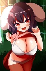 1girls alternate_breast_size animal_ears bamboo bamboo_forest black_hair blush bow_panties breasts bunny_ears bunny_girl dress fangs flashing flashing_breasts floppy_ears frilled_sleeves huge_breasts looking_at_viewer open_mouth outdoors pink_dress red_eyes short_hair short_sleeves smile smirk smirking_at_viewer solo tewi_inaba touhou white_panties xialu_zajin