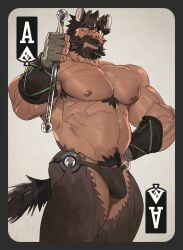 1boy abs ace_(playing_card) animal_ears armpit_hair armpit_hair_peek bara bikini_briefs body_fur bracer brown_male_underwear bulge card card_(medium) chest_tuft feet_out_of_frame gay gloves highres holding horse_boy horse_ears horse_tail large_pectorals looking_at_viewer male male_focus male_only male_pubic_hair male_underwear mature_male muscular muscular_male navel navel_hair nipples one_eye_closed original pectorals penis penis_peek playing_card pubic_hair seductive_smile short_hair smile solo standing stomach strongman_waist tail thick_eyebrows thick_thighs thighs tooboshoo topless_male underwear