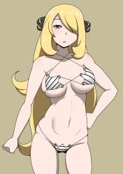 1girls bare_arms bare_legs bare_shoulders bare_thighs big_breasts blonde_hair breasts champion cynthia_(pokemon) female_only game_freak hair_over_one_eye hourglass_figure long_hair mantan nintendo pokemon pokemon_bdsp pokemon_dppt simple_background solo_female thick_thighs thighs