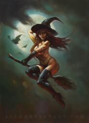 alex_horley american_witch armwear breasts broom broom_riding casual clothing convenient_censoring earrings exposed_torso female flying headwear human legwear long_hair official_art pale_skin pinup rob_zombie witch witch_hat