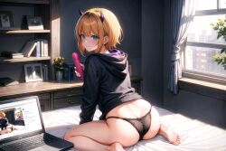 :3 ai_generated ap2-ai-artist ass blonde_hair blue_eyes blush bob_cut feet from_behind hi_res high_resolution horns legs medium_hair memcho oshi_no_ko panties sex_toy streamer streaming vibrator youtuber