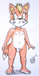 alien anthro balls biped blush blush_lines canid canine extraterrestrial fox fox_mccloud genitals green_eyes hi_res male mammal nintendo nude penis reddragonkan solo star_fox traditional_media_(artwork)