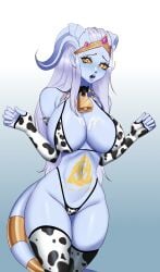 1girls athletic_female bell_collar big_breasts bikini blizzard_entertainment blue_skin collar cow_print cum cum_on_breasts draenei exarch_uriel lightforged_draenei original_character solo stockings themelkcoffee thick_thighs warcraft white_hair world_of_warcraft