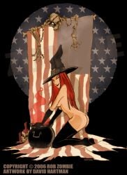 2006 american_flag american_witch armwear ass breasts casual cauldron clothing convenient_censoring david_hartman exposed_torso female headwear human legwear long_hair lower_back_tattoo official_art pale_skin pinup red_hair rob_zombie sideshowmonkey skeleton tattoo witch witch_hat