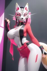 1girls 2023 ai_generated anthro belt big_breasts black_nose breasts catalyst_(fortnite) epic_games fingernails fortnite fox fox_ears fox_girl fox_tail gloveless gloves human hybrid kitsune kitsune_mask looking_at_viewer pink_clothing pink_eyes pink_marks solo tail white_clothing white_mask